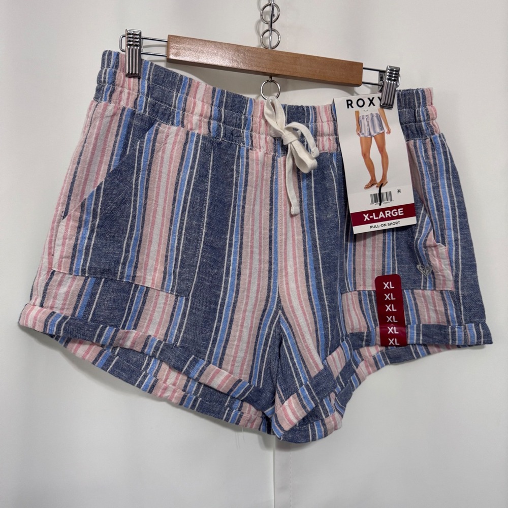 Roxy Womens XL Pull-On Shorts Blue Pink Striped Elastic Waist Drawstring New
